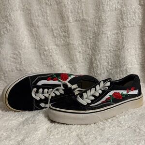 Vans Black and White Sneakers with Red Floral Design